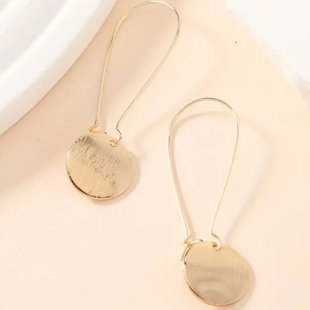 Brushed Gold Glossy Disc Drop Hook Earrings - Picture 4 of 9